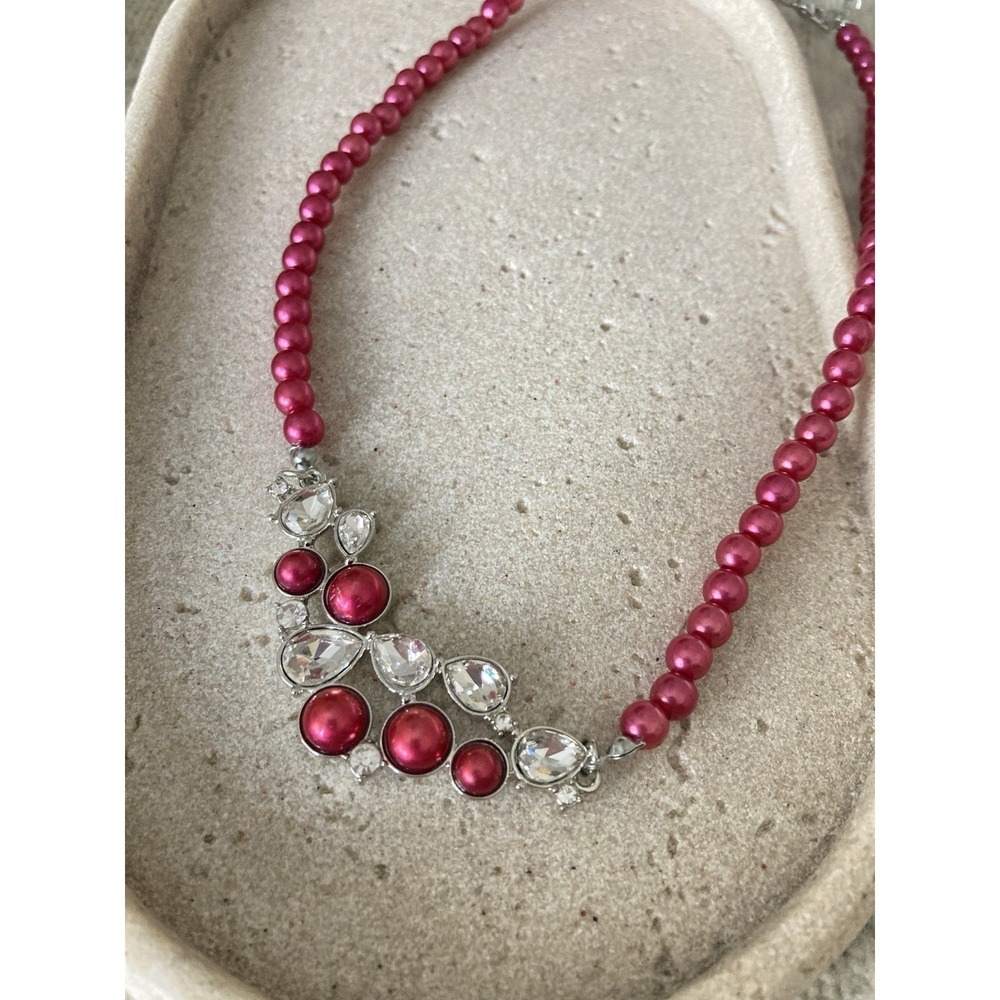 Romantic Pink Faux Pearl Bead Collar Necklace with Clear Rhinestones Party